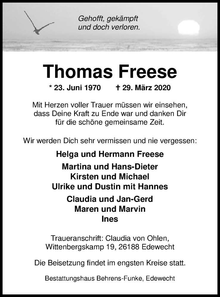  Traueranzeige für Thomas Freese vom 03.04.2020 aus Nordwest-Zeitung