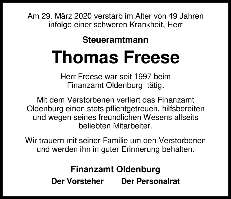  Traueranzeige für Thomas Freese vom 03.04.2020 aus Nordwest-Zeitung