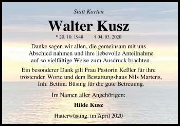 Traueranzeige von Walter Kusz von Nordwest-Zeitung