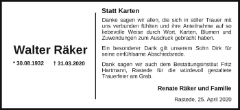 Traueranzeige von Walter Räker von Nordwest-Zeitung