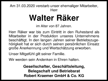 Traueranzeige von Walter Räker von Nordwest-Zeitung