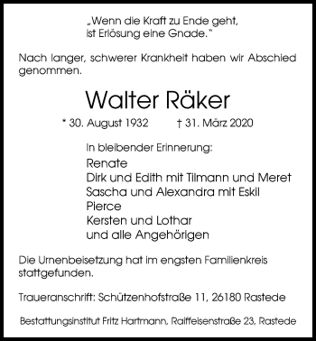 Traueranzeige von Walter Räker von Nordwest-Zeitung