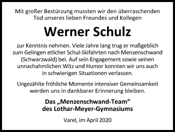 Traueranzeige von Werner Schulz von Nordwest-Zeitung