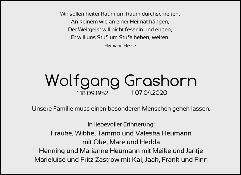  Traueranzeige für Wolfgang Grashorn vom 11.04.2020 aus Nordwest-Zeitung