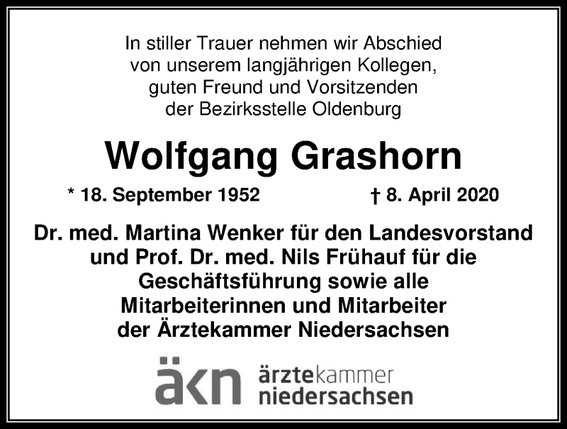  Traueranzeige für Wolfgang Grashorn vom 11.04.2020 aus Nordwest-Zeitung