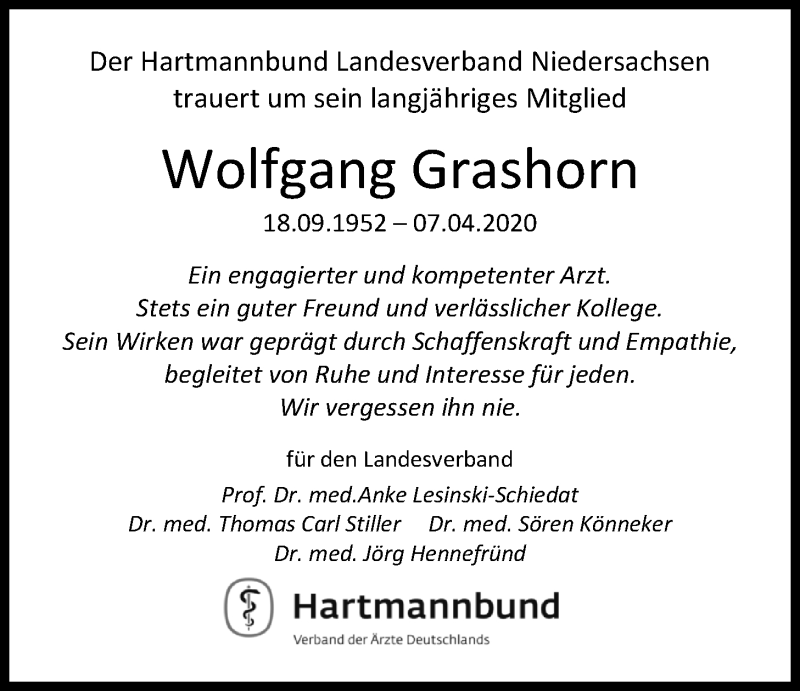  Traueranzeige für Wolfgang Grashorn vom 15.04.2020 aus Nordwest-Zeitung