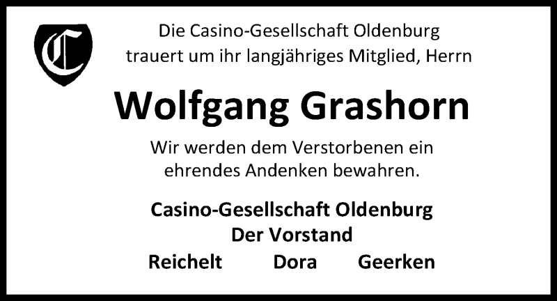  Traueranzeige für Wolfgang Grashorn vom 17.04.2020 aus Nordwest-Zeitung