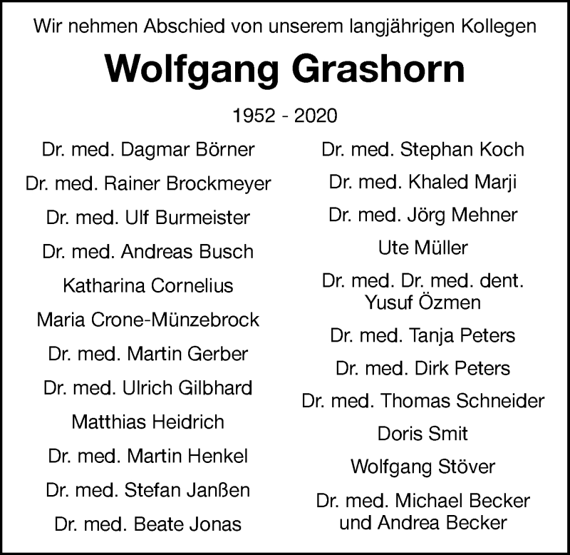  Traueranzeige für Wolfgang Grashorn vom 14.04.2020 aus Nordwest-Zeitung