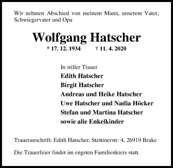 Traueranzeige von Wolfgang Hatscher von Nordwest-Zeitung