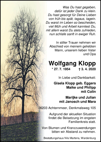 Traueranzeige von Wolfgang Klopp von Nordwest-Zeitung