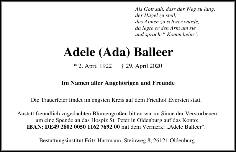  Traueranzeige für Adele Balleer vom 13.05.2020 aus Nordwest-Zeitung