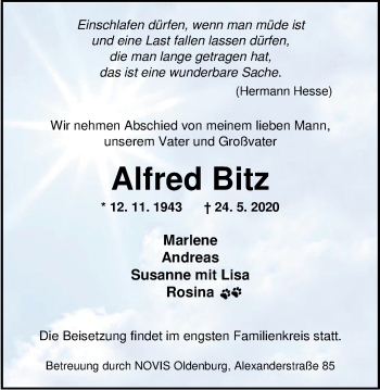 Traueranzeige von Alfred Bitz von Nordwest-Zeitung