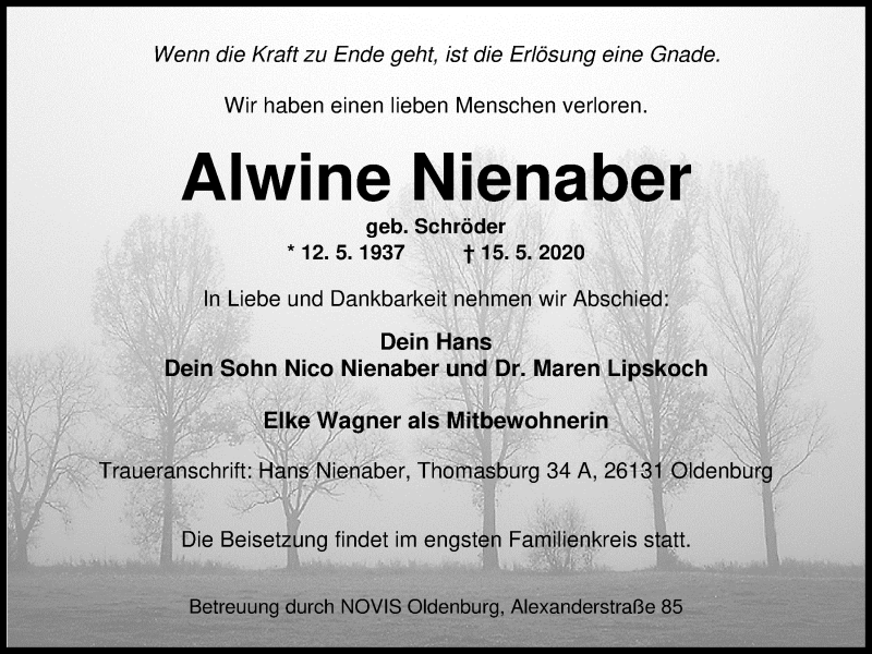  Traueranzeige für Alwine Nienaber vom 23.05.2020 aus Nordwest-Zeitung
