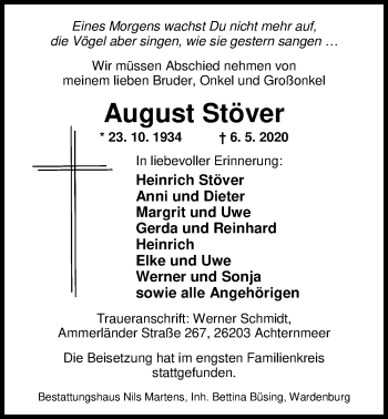 Traueranzeige von August Stöver von Nordwest-Zeitung