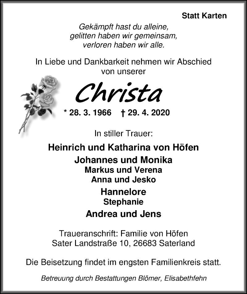  Traueranzeige für Christa Hellmers vom 02.05.2020 aus Nordwest-Zeitung