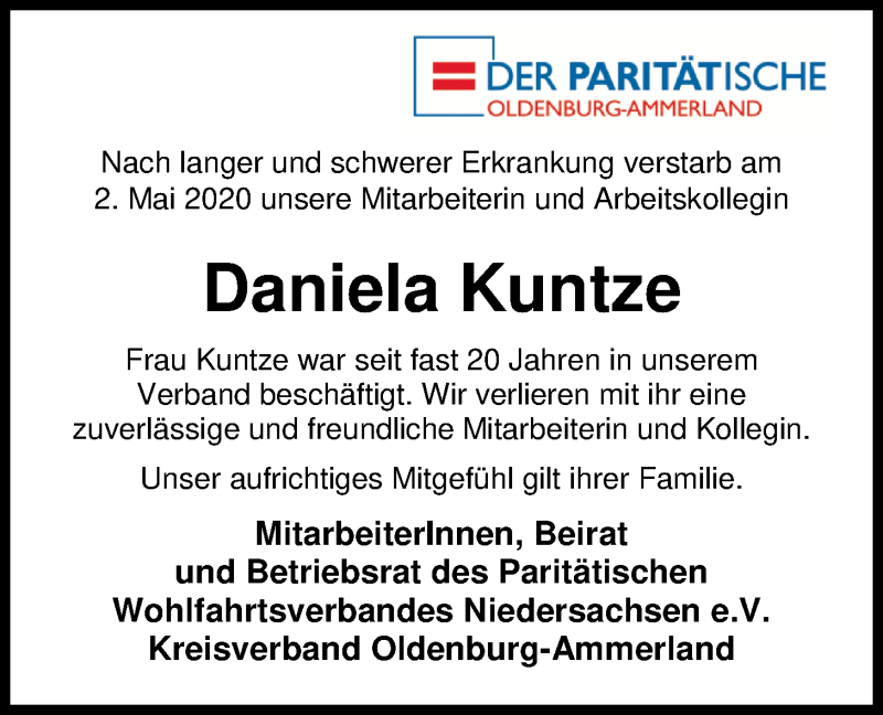  Traueranzeige für Daniela Kuntze vom 09.05.2020 aus Nordwest-Zeitung