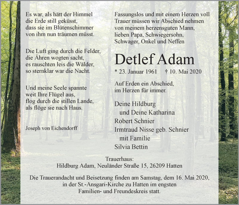  Traueranzeige für Detlef Adam vom 13.05.2020 aus Nordwest-Zeitung