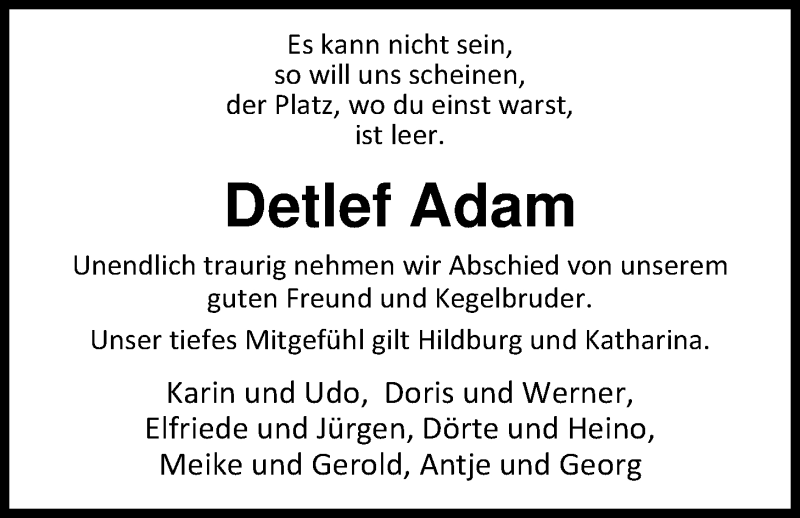  Traueranzeige für Detlef Adam vom 14.05.2020 aus Nordwest-Zeitung