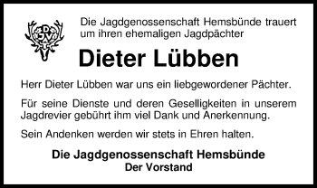 Traueranzeige von Dieter Lübben von Nordwest-Zeitung
