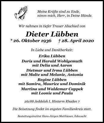 Traueranzeige von Dieter Lübben von Nordwest-Zeitung