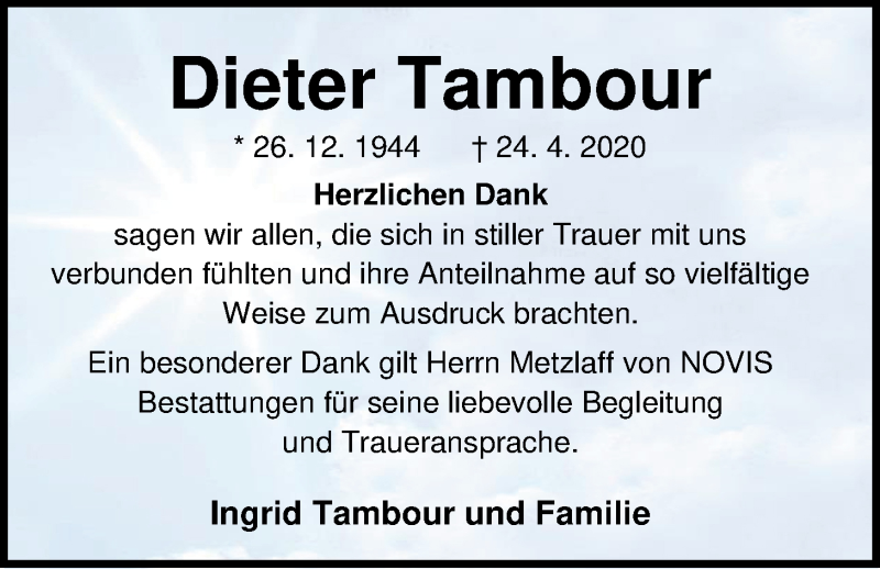  Traueranzeige für Dieter Tambour vom 30.05.2020 aus Nordwest-Zeitung