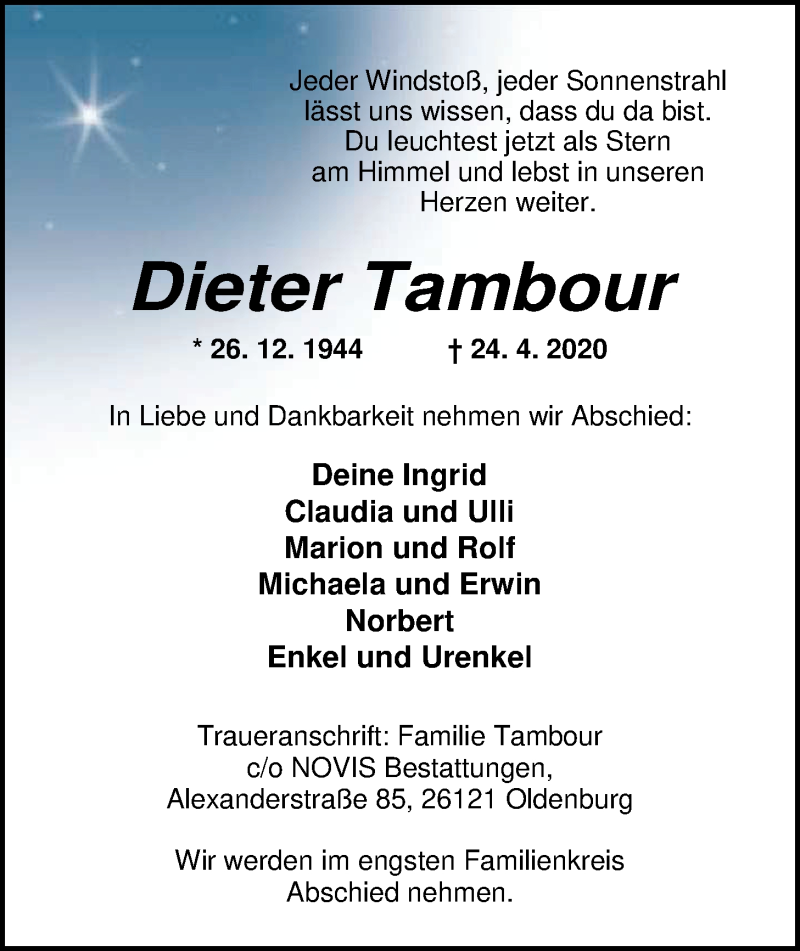  Traueranzeige für Dieter Tambour vom 02.05.2020 aus Nordwest-Zeitung