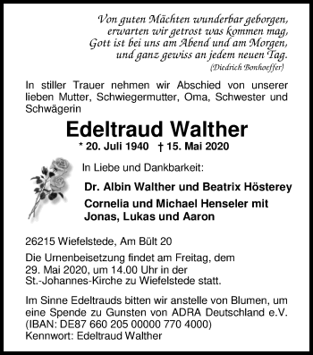 Traueranzeige von Edeltraud Walther von Nordwest-Zeitung