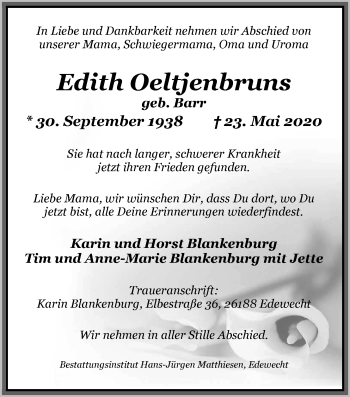 Traueranzeige von Edith Oeltjenbruns von Nordwest-Zeitung