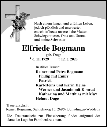 Traueranzeige von Elfriede Bogmann von Nordwest-Zeitung