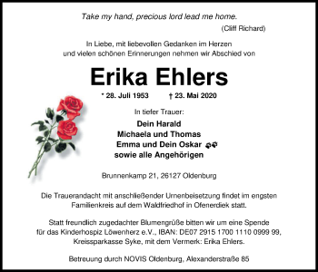 Traueranzeige von Erika Ehlers von Nordwest-Zeitung