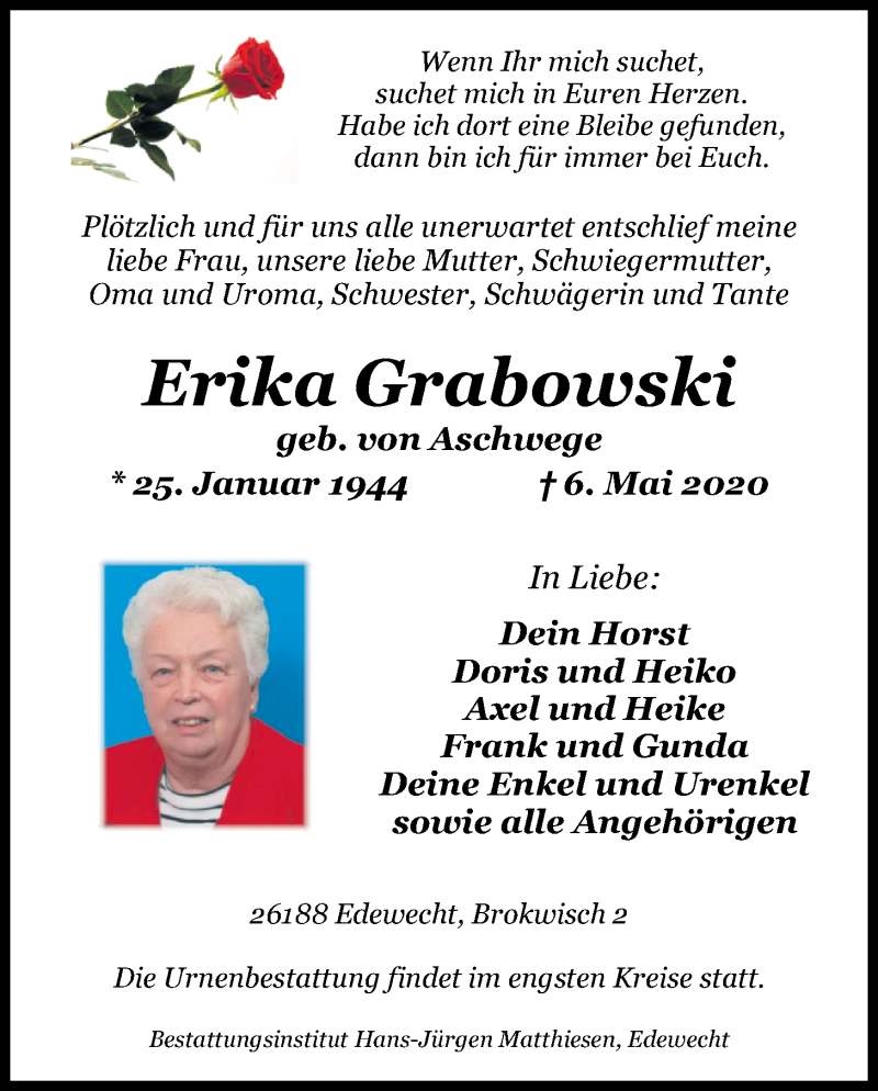  Traueranzeige für Erika Grabowski vom 09.05.2020 aus Nordwest-Zeitung