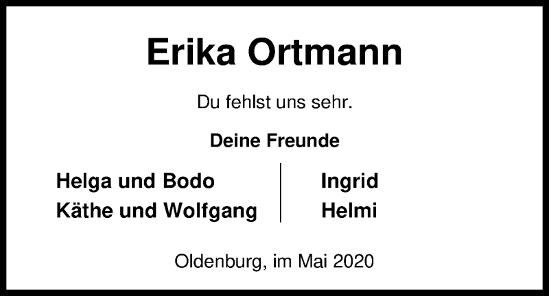  Traueranzeige für Erika Ortmann vom 16.05.2020 aus Nordwest-Zeitung