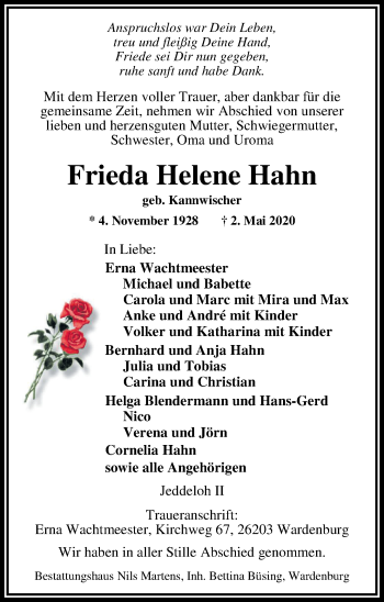 Traueranzeige von Frieda Hahn von Nordwest-Zeitung