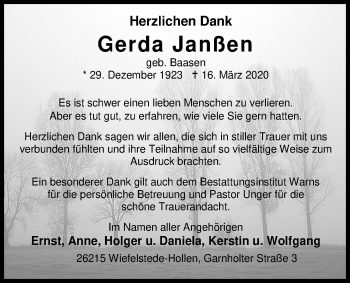 Traueranzeige von Gerda Janßen von Nordwest-Zeitung