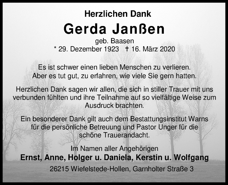  Traueranzeige für Gerda Janßen vom 02.05.2020 aus Nordwest-Zeitung