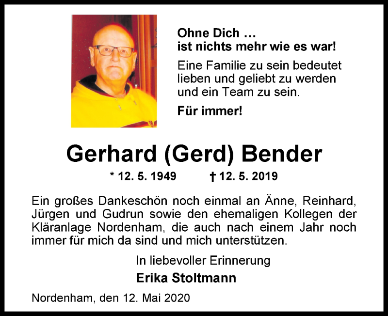  Traueranzeige für Gerhard Bender vom 12.05.2020 aus Nordwest-Zeitung