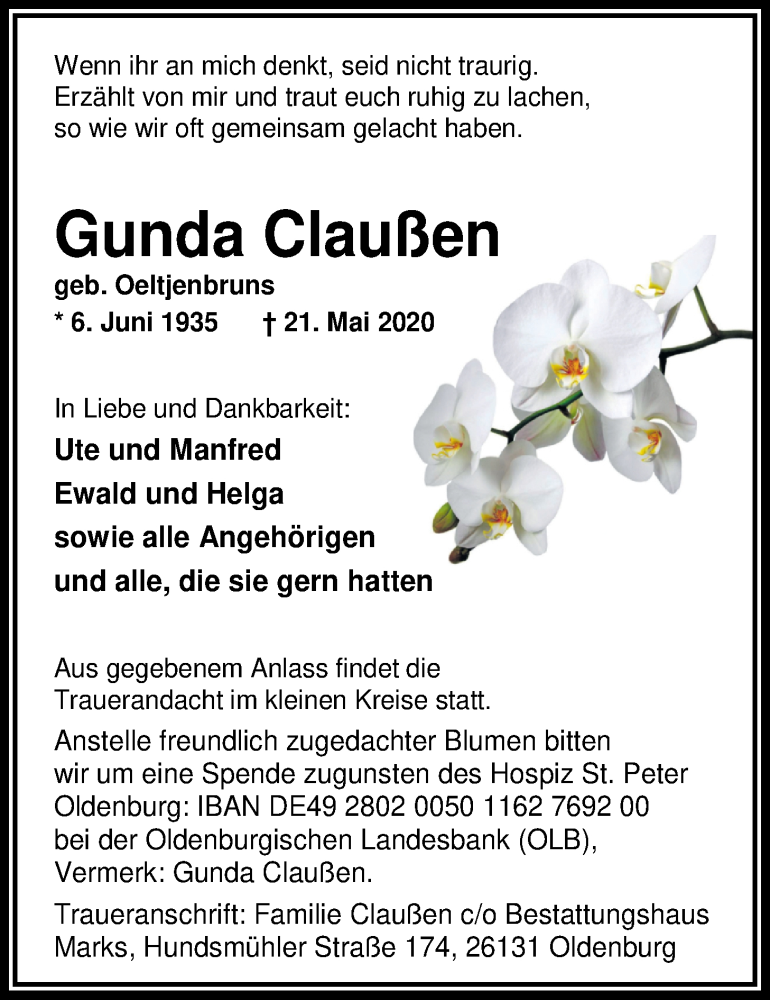  Traueranzeige für Gunda Claußen vom 26.05.2020 aus Nordwest-Zeitung