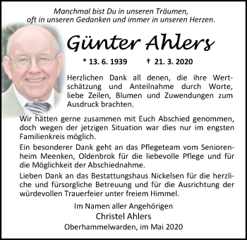 Traueranzeige von Günter Ahlers von Nordwest-Zeitung