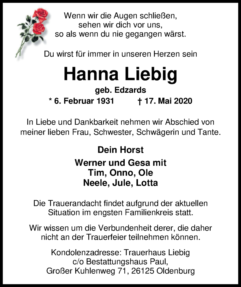  Traueranzeige für Hanna Liebig vom 22.05.2020 aus Nordwest-Zeitung