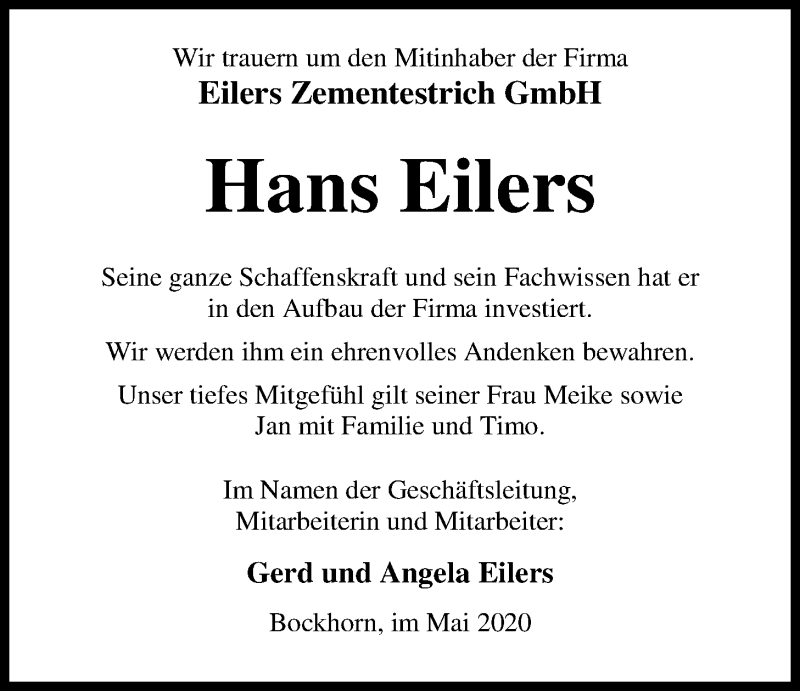 Traueranzeige für Hans Eilers vom 19.05.2020 aus Nordwest-Zeitung