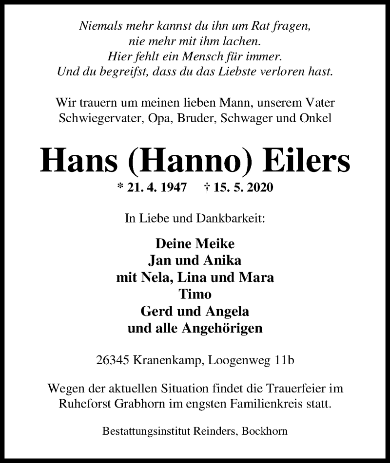  Traueranzeige für Hans Eilers vom 19.05.2020 aus Nordwest-Zeitung