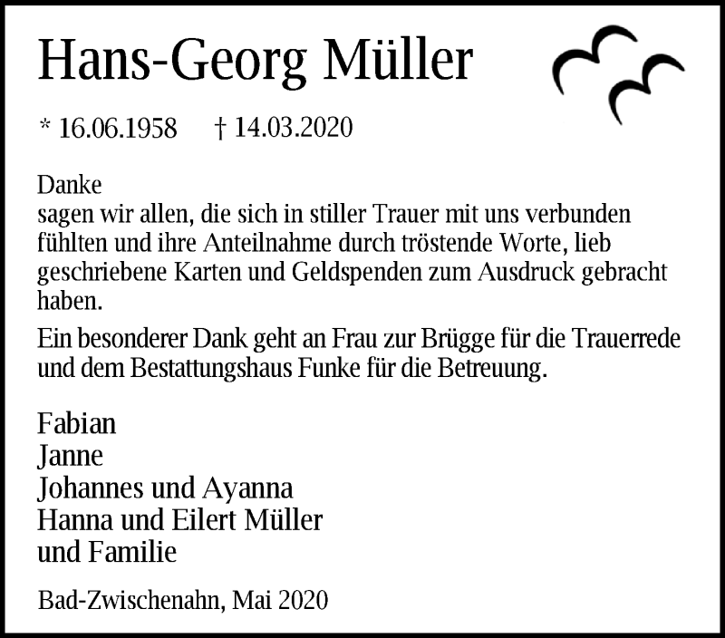  Traueranzeige für Hans-Georg Müller vom 23.05.2020 aus Nordwest-Zeitung