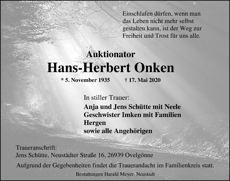  Traueranzeige für Hans-Herbert Onken vom 22.05.2020 aus Nordwest-Zeitung