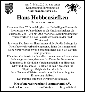Traueranzeige von Hans Hobbensiefken von Nordwest-Zeitung