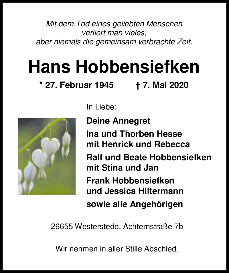  Traueranzeige für Hans Hobbensiefken vom 12.05.2020 aus Nordwest-Zeitung