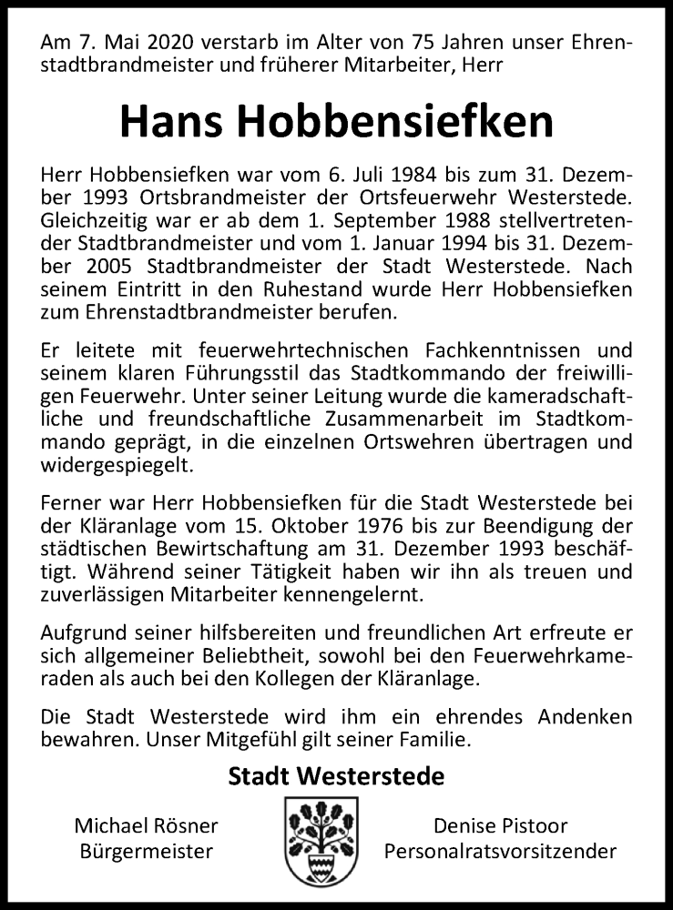 Traueranzeige für Hans Hobbensiefken vom 12.05.2020 aus Nordwest-Zeitung