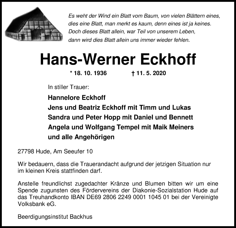  Traueranzeige für Hans-Werner Eckhoff vom 13.05.2020 aus Nordwest-Zeitung