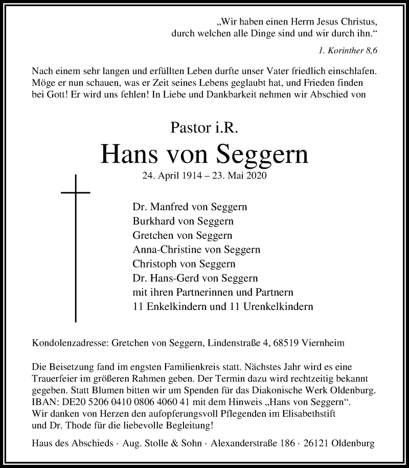  Traueranzeige für Hans von Seggern vom 30.05.2020 aus Nordwest-Zeitung