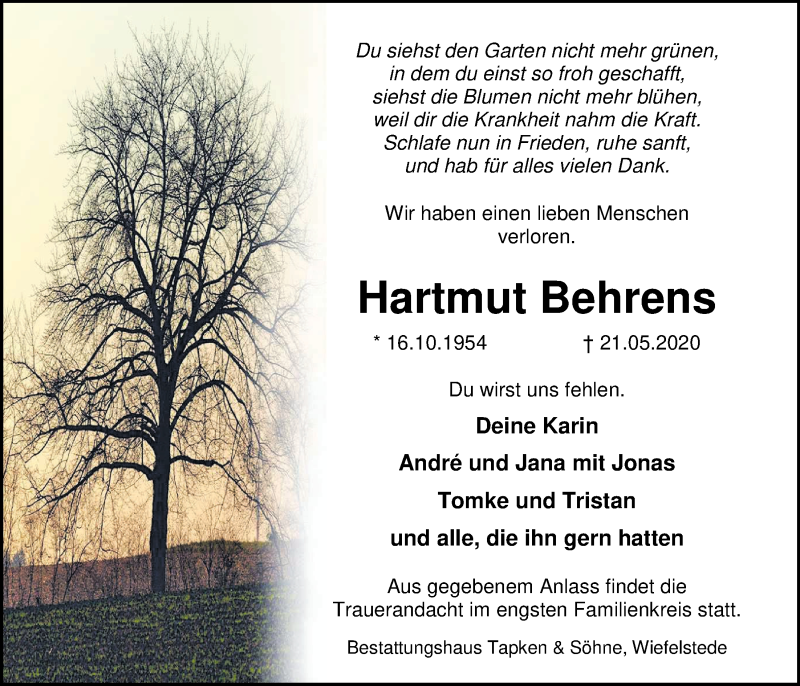  Traueranzeige für Hartmut Behrens vom 26.05.2020 aus Nordwest-Zeitung