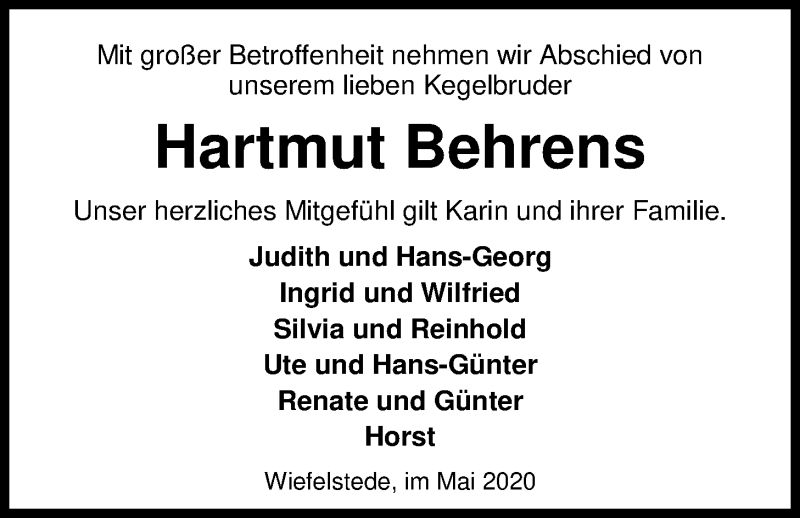  Traueranzeige für Hartmut Behrens vom 26.05.2020 aus Nordwest-Zeitung